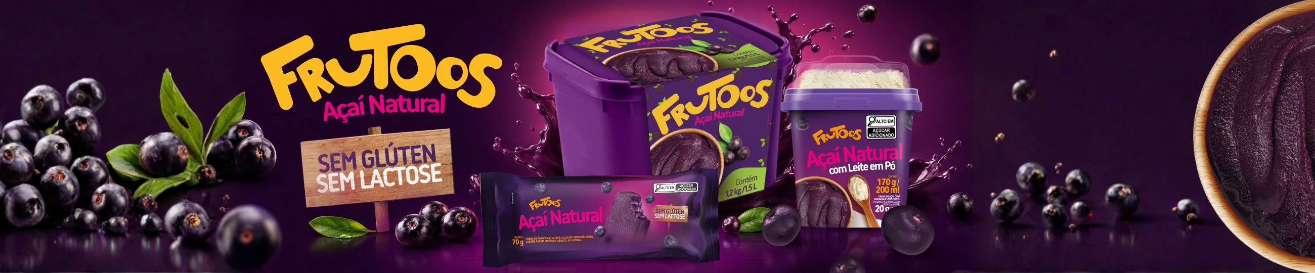 Linha Frutoos com açaí natural, copo com leite em pó e picolé